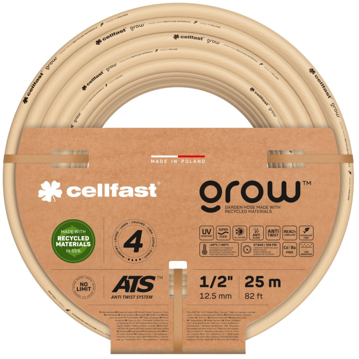 set furtun pentru gradina cellfast grow 1 2   20m, protectie uv, antirasucire, pistol stropire, conectori, materiale reciclate