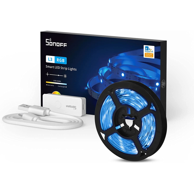 banda led sonoff wifi rgb l3-5m, 5m, smart, ip20, sincronizare muzica, 90 led m, alimentare usb