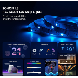 banda led sonoff wifi rgb l3-5m, 5m, smart, ip20, sincronizare muzica, 90 led m, alimentare usb