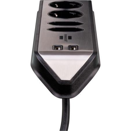 prelungitor pentru perete colt brennenstuhl estilo 4 prize, 2 usb, 3.1 a, 2m inox, adeziv inclus, argintiu-negru