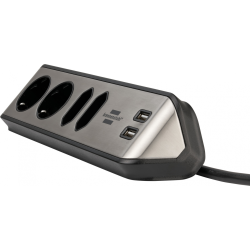 prelungitor pentru perete colt brennenstuhl estilo 4 prize, 2 usb, 3.1 a, 2m inox, adeziv inclus, argintiu-negru