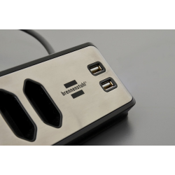 prelungitor pentru perete colt brennenstuhl estilo 4 prize, 2 usb, 3.1 a, 2m inox, adeziv inclus, argintiu-negru