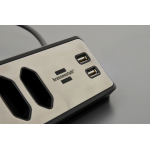 prelungitor pentru perete colt brennenstuhl estilo 4 prize, 2 usb, 3.1 a, 2m inox, adeziv inclus, argintiu-negru