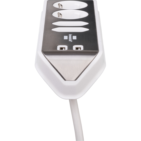prelungitor pentru perete colt brennenstuhl estilo 4 prize, 2 usb, 3.1 a, 2m inox, adeziv inclus, argintiu-alb