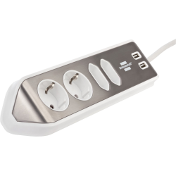 prelungitor pentru perete colt brennenstuhl estilo 4 prize, 2 usb, 3.1 a, 2m inox, adeziv inclus, argintiu-alb