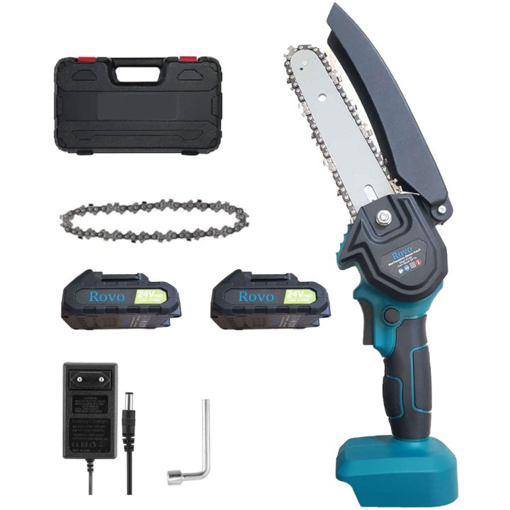 mini ferastrau cu lant electric rovo rv-mf, 6 inch, 24v, 2000mah, 2 acumulatori, 2 lanturi, chainsaw