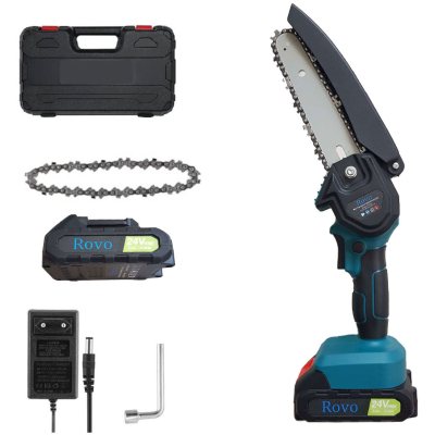mini ferastrau cu lant electric rovo rv-mf, 6 inch, 24v, 2000mah, 2 acumulatori, 2 lanturi, chainsaw