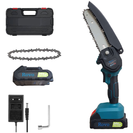 mini ferastrau cu lant electric rovo rv-mf, 6 inch, 24v, 2000mah, 2 acumulatori, 2 lanturi, chainsaw