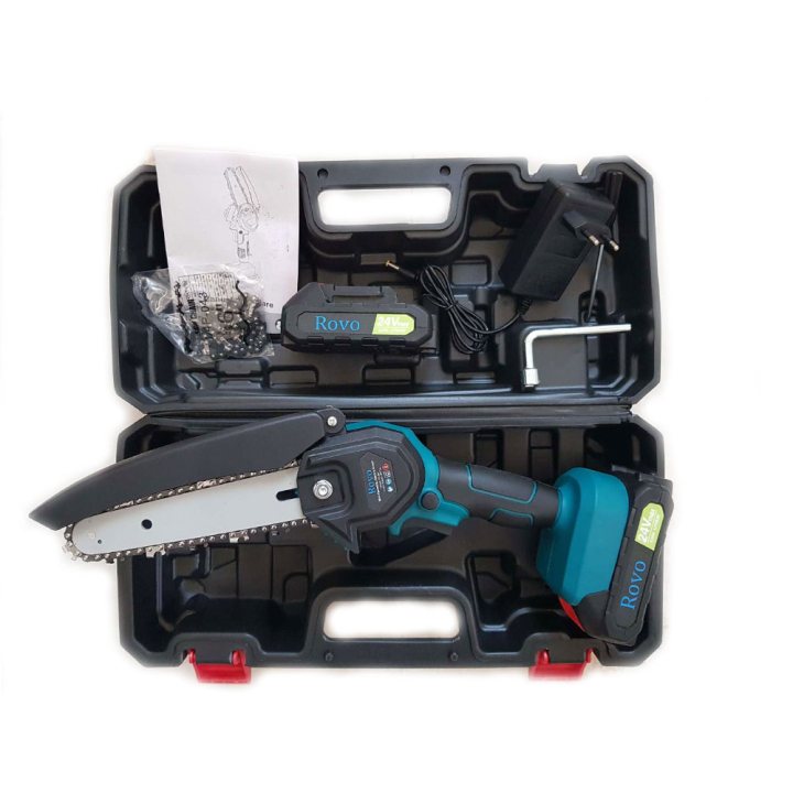 mini ferastrau cu lant electric rovo rv-mf, 6 inch, 24v, 2000mah, 2 acumulatori, 2 lanturi, chainsaw