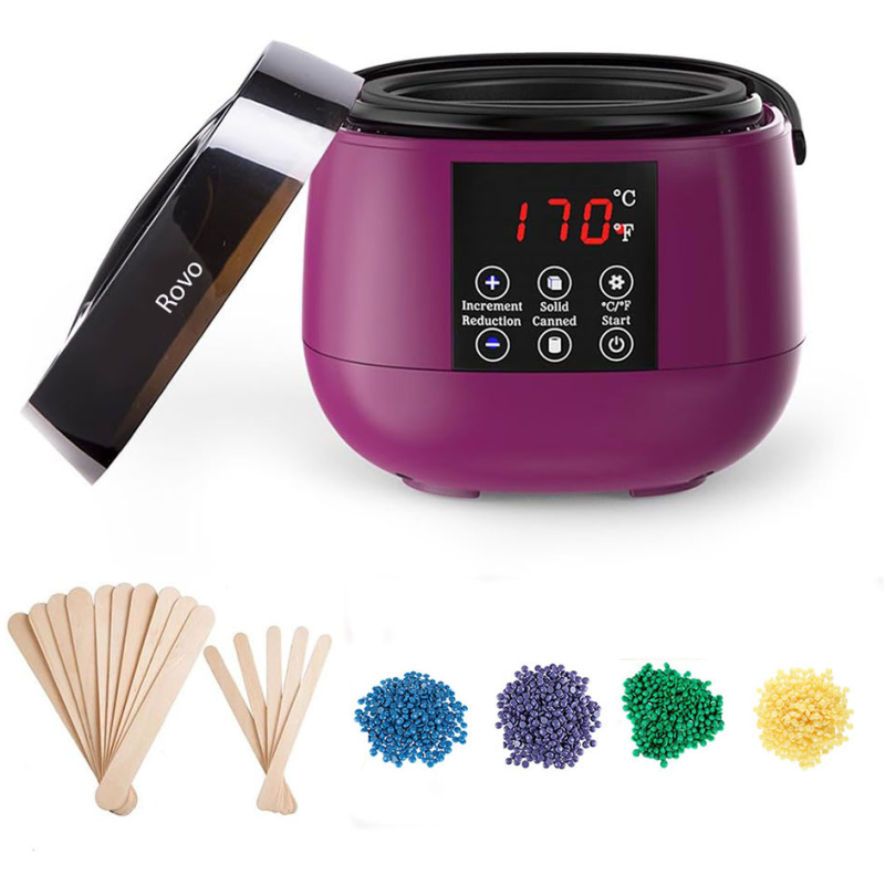 kit epilare ceara rovo tms-218 incalzitor ceara profesional cu display lcd, 500g ceara, 4 arome, set 20 spatule din lemn, contro