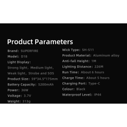 lanterna led superfire d18, 2000lm, 226m, 5200mah, incarcare usb-c, 36w