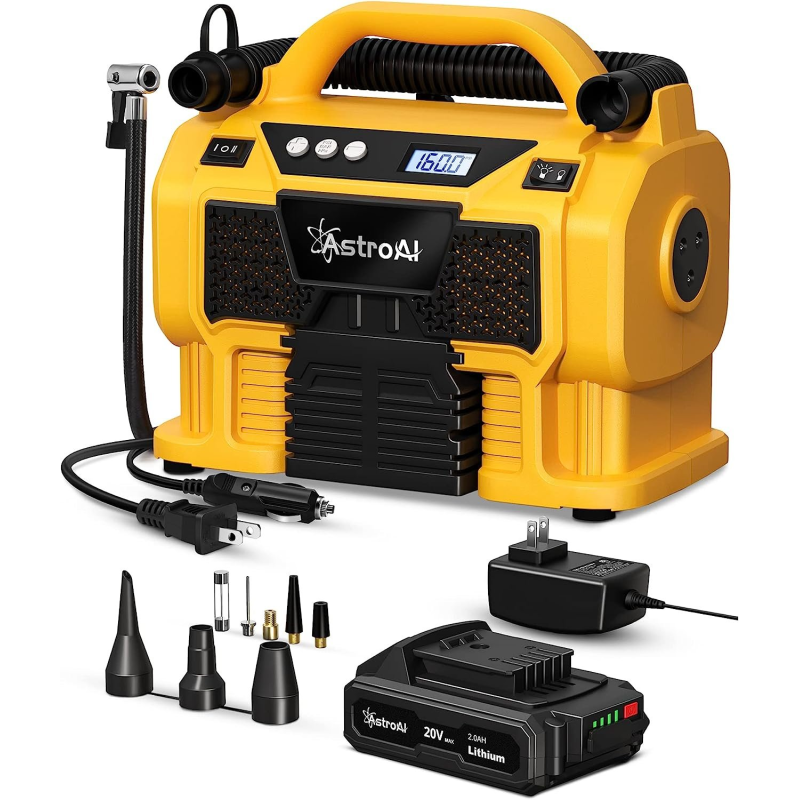 compresor portabil cu acumulator astroai 3plye, 12v dc, 160psi, digital, structura metalica, adaptoare incluse
