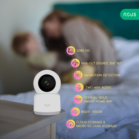 camera de supraveghere ip wifi nous w2 smart, interior, full hd, 2mp, detectare micare, night vison, rotire