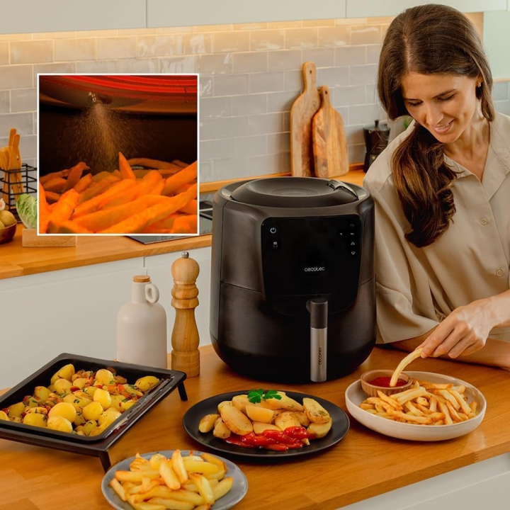 friteuza cu aer cald, fara ulei cecotec cecofry rain, pulverizator, 1550w, 5.5l, control tactil, 8 programe, pulverizare automat