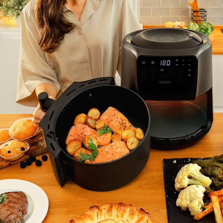 friteuza cu aer cald, fara ulei cecotec cecofry rain, pulverizator, 1550w, 5.5l, control tactil, 8 programe, pulverizare automat