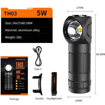 lanterna multifunctionala led superfire th03, usb, 460lm, 104m, incarcare usb-c, suport cap, prindere magnetica
