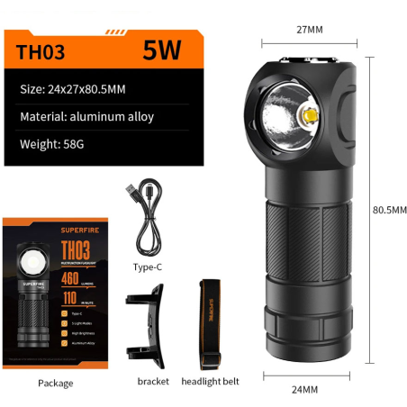 lanterna multifunctionala led superfire th03, usb, 460lm, 104m, incarcare usb-c, suport cap, prindere magnetica