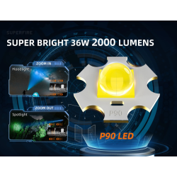 lanterna led superfire v8-s, 2000lm, 300m, 5200mah, zoom, incarcare usb-c, 36w