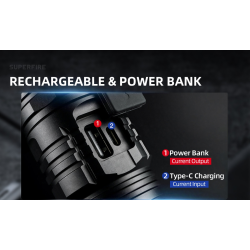 lanterna led superfire v8-s, 2000lm, 300m, 5200mah, zoom, incarcare usb-c, 36w