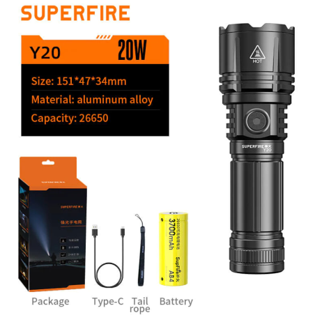 lanterna led superfire y20, 1200lm, 800m, 3700mah incarcare usb-c, 20w