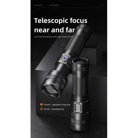 lanterna led superfire y26, 1200lm, 800m, 3700mah, incarcare usb-c, 15w