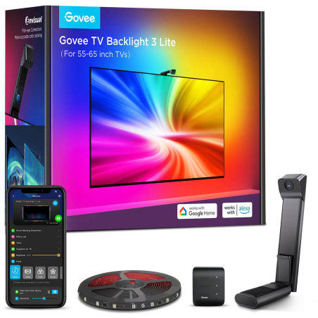 banda led govee tv backlight 3 lite, h6099, wi-fi + bluetooth, rgbicw, camera, 55-65 inch, fisheye correction