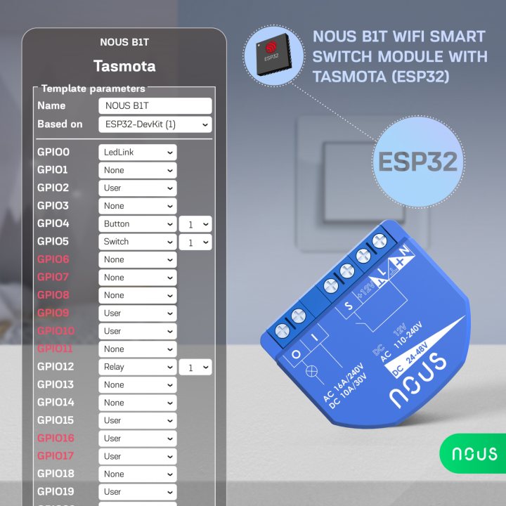 releu wireless nous b1t, 16a, tasmota, matter - 1 canal, esp32