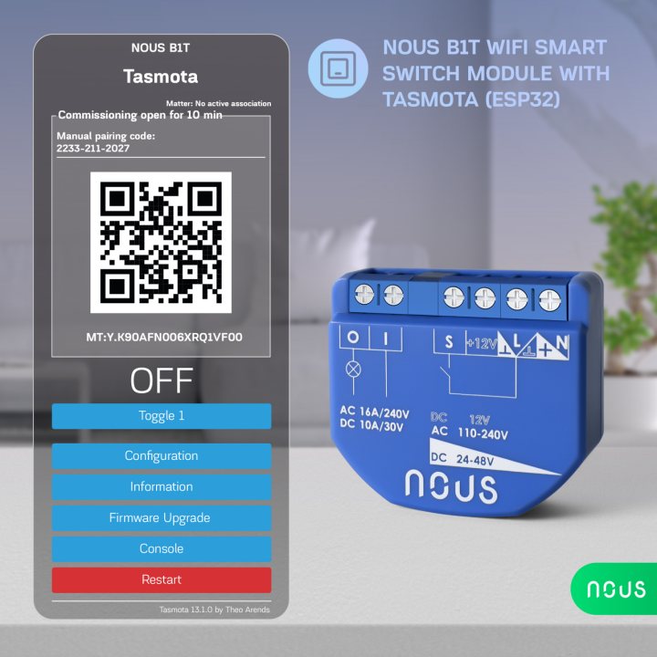 releu wireless nous b2t pm, 16a, tasmota, matter, monitorizare energie - 1 canal, esp32