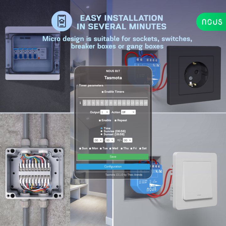 releu wireless nous b2t pm, 16a, tasmota, matter, monitorizare energie - 1 canal, esp32