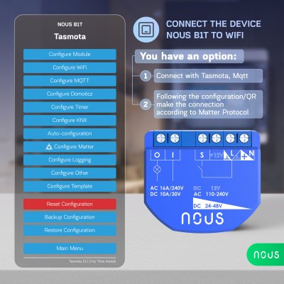 releu wireless nous b2t pm, 16a, tasmota, matter, monitorizare energie - 1 canal, esp32