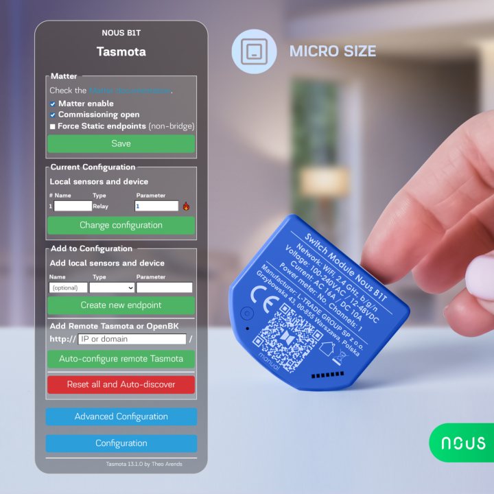 releu wireless nous b2t pm, 16a, tasmota, matter, monitorizare energie - 1 canal, esp32