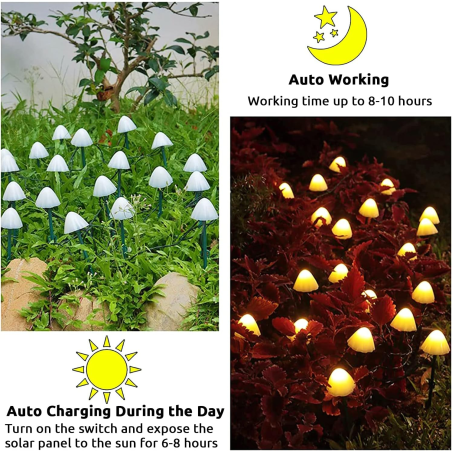 set 30 lampi solare led rovo 01-alb, ciupercute, lumina alb cald, 6.5m, 8 moduri