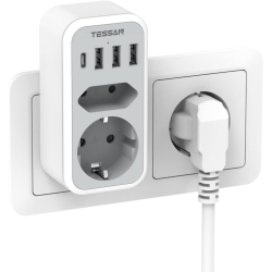 priza multipla tessan ts-328, 2 prize, 1 port usb-c, 3 porturi usb, 240 v, alb , 3600w