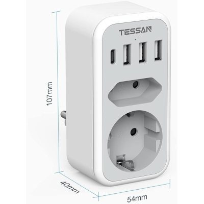 priza multipla tessan ts-328, 2 prize, 1 port usb-c, 3 porturi usb, 240 v, alb , 3600w