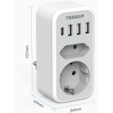 priza multipla tessan ts-328, 2 prize, 1 port usb-c, 3 porturi usb, 240 v, alb , 3600w