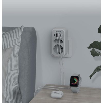 priza multipla tessan ts-328, 2 prize, 1 port usb-c, 3 porturi usb, 240 v, alb , 3600w
