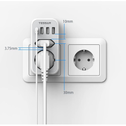 priza multipla tessan ts-328, 2 prize, 1 port usb-c, 3 porturi usb, 240 v, alb , 3600w