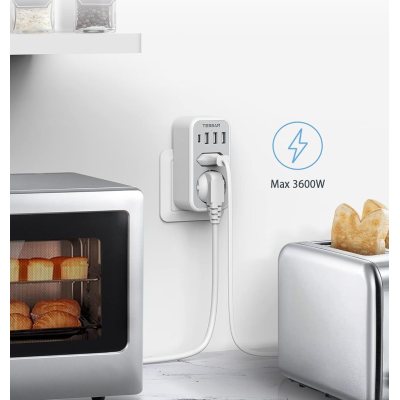 priza multipla tessan ts-328, 2 prize, 1 port usb-c, 3 porturi usb, 240 v, alb , 3600w