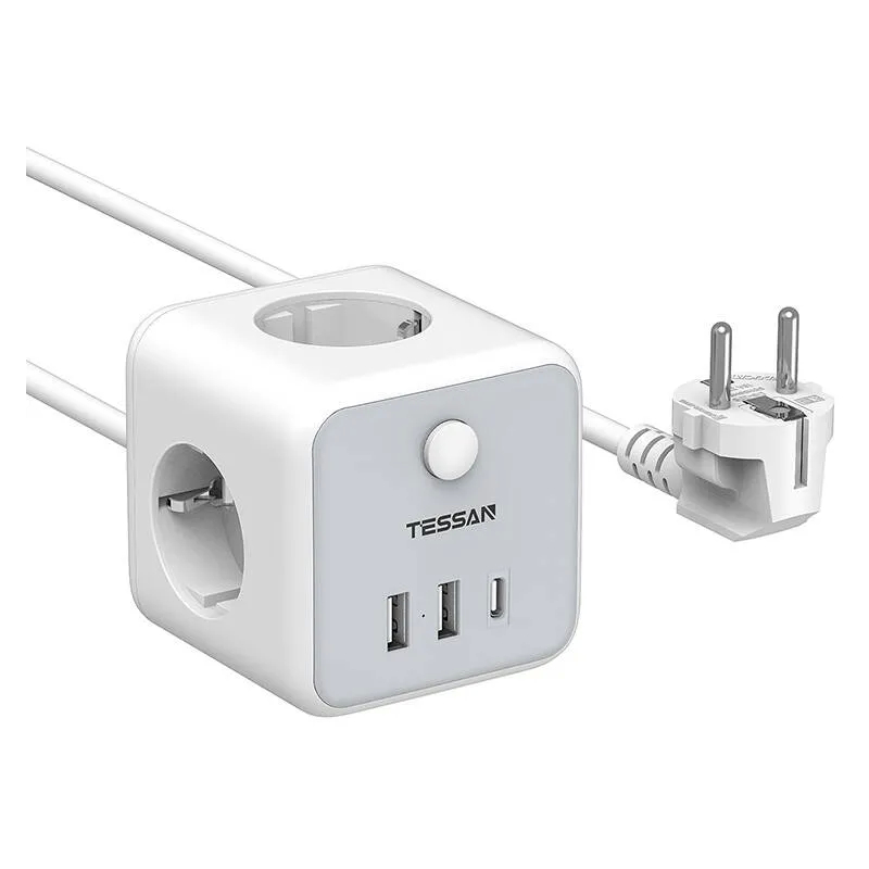 prelungitor tip cub tessan ts-301-c, 3 prize, 2 x usb a, 1 x usb-c, cablu 1.5m