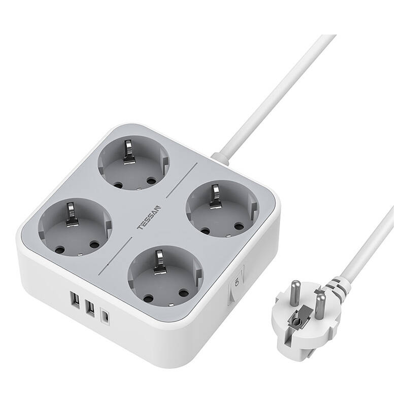 prelungitor tessan ts-302-c, 4 prize, 2 x usb-a, 1x usb-c, 3a, cablu 2m