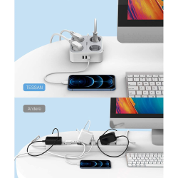 prelungitor tessan ts-302-c, 4 prize, 2 x usb-a, 1x usb-c, 3a, cablu 2m