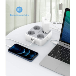 prelungitor tessan ts-302-c, 4 prize, 2 x usb-a, 1x usb-c, 3a, cablu 2m