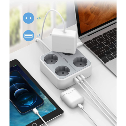 prelungitor tessan ts-302-c, 4 prize, 2 x usb-a, 1x usb-c, 3a, cablu 2m