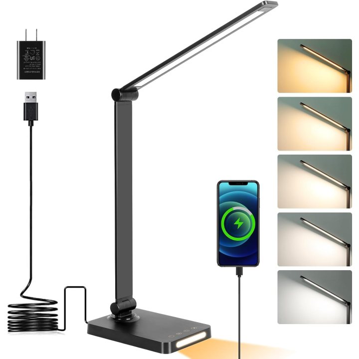 lampa de birou led rovo 5502p, lumina veghe, 5 moduri de lumina, 4 intensitati, 6w, control touch, usb