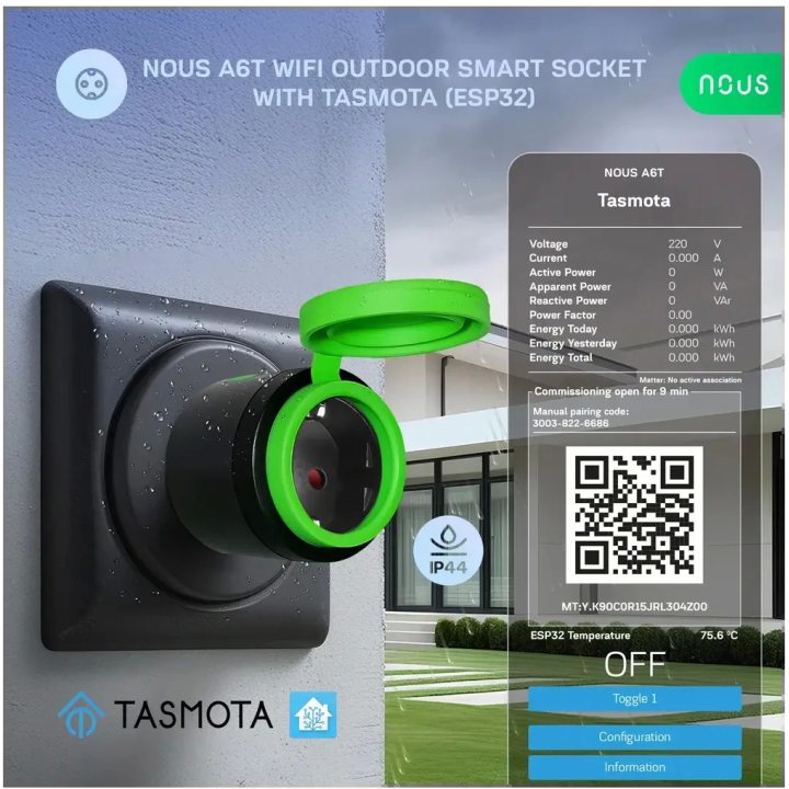 priza inteligenta wifi pentru exterior nous a6t, ip44, 16a - tasmota