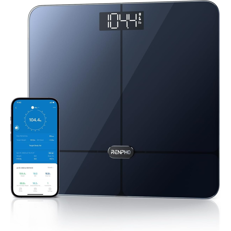 cantar de baie smart renpho r-a016,  bluetooth, maxim 180kg, negru,mod de sarcina, 13 masuratori, bmi, compatibil cu samsung hea