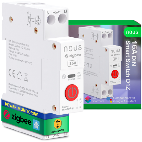 siguranta inteligenta nous d1z, 16a, zigbee, 1 canal, monitorizare energie, montare pe sina din