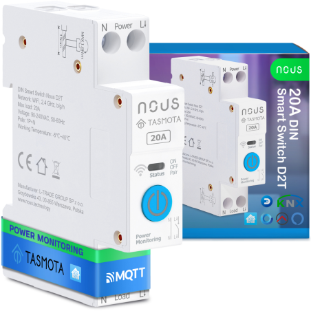 siguranta inteligenta nous d2t, 20a, tasmota, 1 canal, monitorizare energie, montare pe sina din, esp32