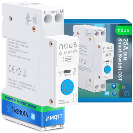 siguranta inteligenta nous d3t, 25a, tasmota,  1 canal, monitorizare energie, montare pe sina din, esp32