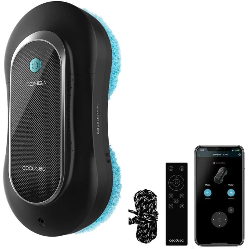 robot curatare geamuri cu pulverizator cecotec windroid 1090 double spray, smart, 3 in 1, control aplicatie, telecomanda, 12 mop
